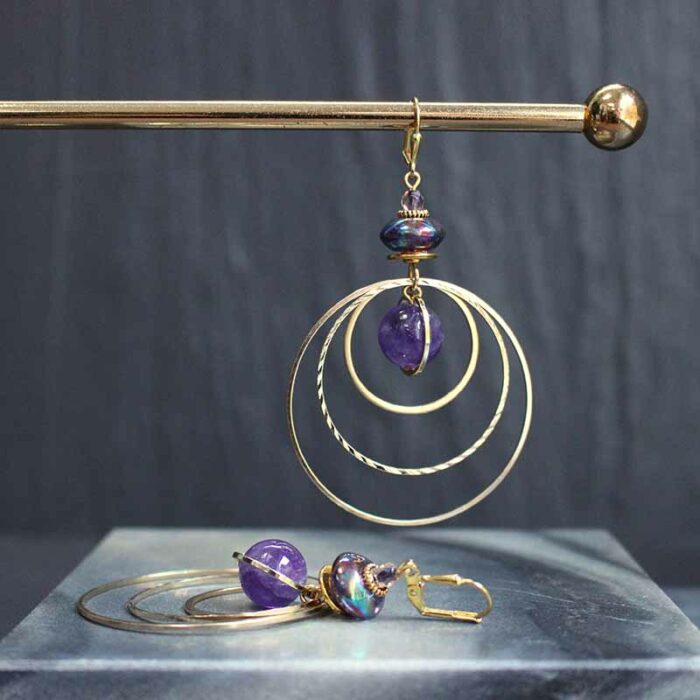Boucles D'oreilles Créateur Pal Kepenyes - Style Brutaliste Avec Améthyste - Occasion Très Bon état